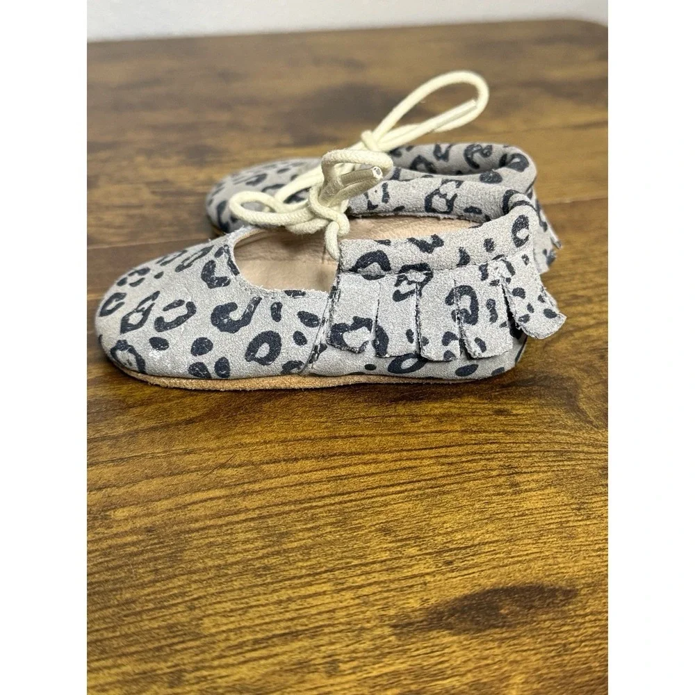 Monkey Feet Infant Gray Leopard Cheetah‎ Tie Moccasins 6-12 Months Baby Girl